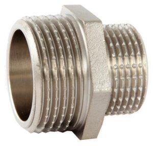 Ніпель редукційний латунний 1/2″ × 1″ (зовнішня/зовнішня, нікель)